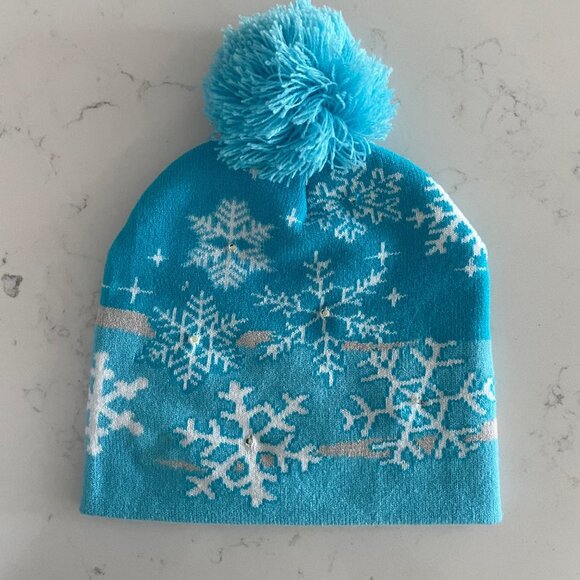 Snowflake Pattern Knit Toque w Pom Pom & 3 Way Lighting Mechanism Blue Sz OS - Picture 2 of 7